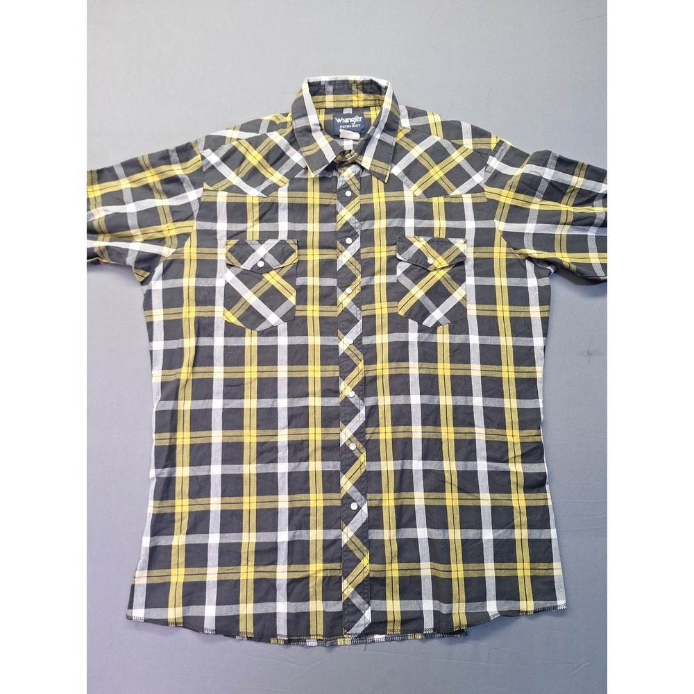 Vintage Wrangler Western Shirt XLT Black Yellow Plaid Pearl Snap Cowboy Rodeo - Picture 3 of 9